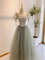 Beautiful Pea Green A-Line Square Neck Puff Sleeve Tulle Long Formal Prom Dresses Bridesmaid Dresses