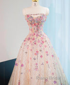 Beautiful Pink Beaded Flowers A-Line Strapless Long Formal Prom Dresses Gorgeous Formal Evening Dresses