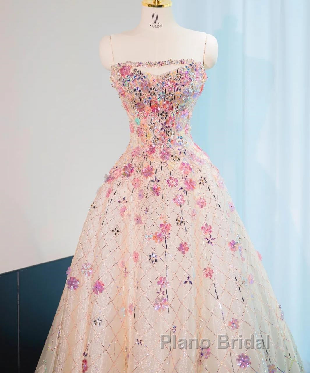 Beautiful Pink Beaded Flowers A-Line Strapless Long Formal Prom Dresses Gorgeous Formal Evening Dresses