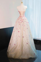 Beautiful Pink Beaded Flowers A-Line Strapless Long Formal Prom Dresses Gorgeous Formal Evening Dresses