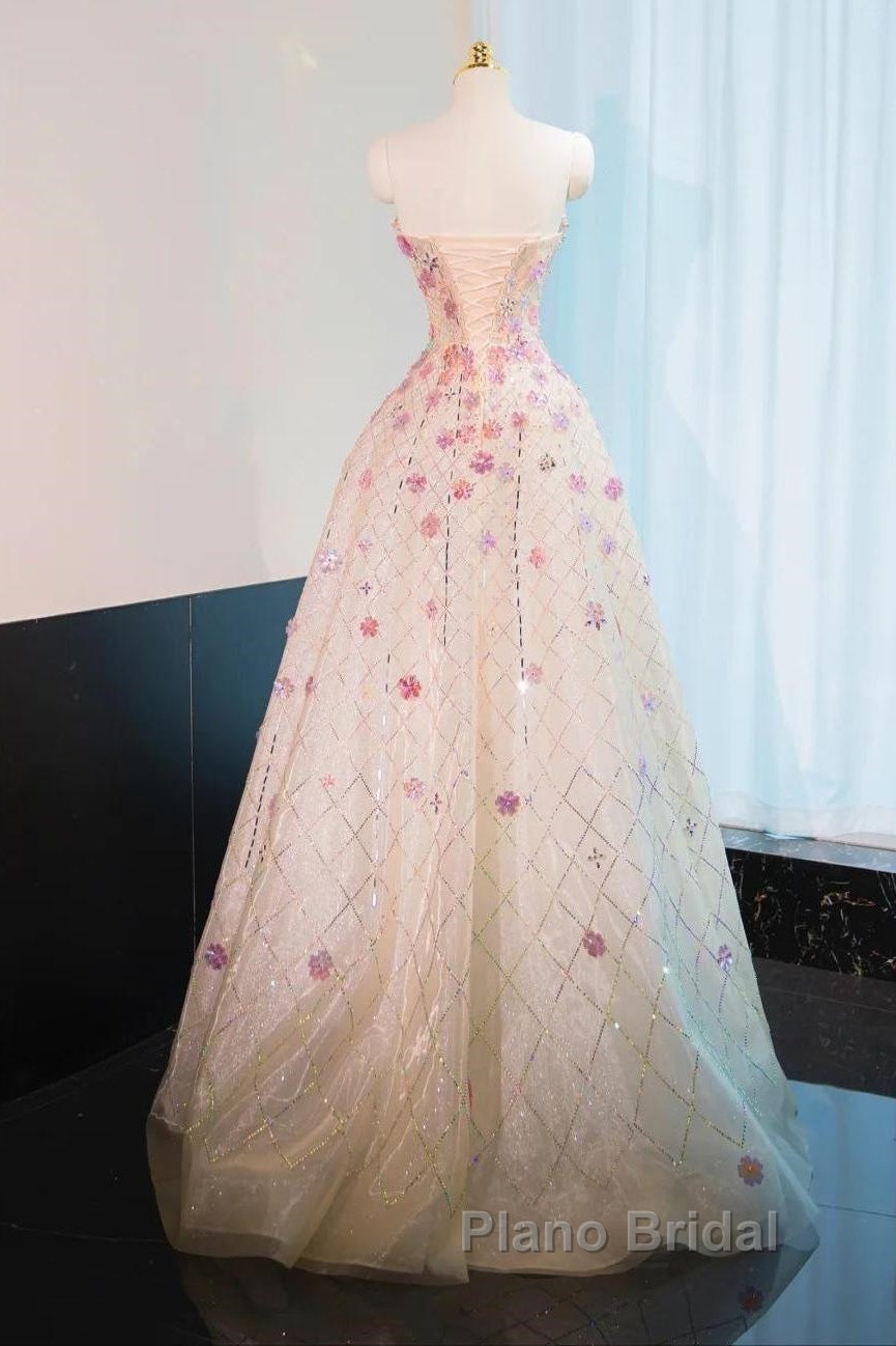 Beautiful Pink Beaded Flowers A-Line Strapless Long Formal Prom Dresses Gorgeous Formal Evening Dresses