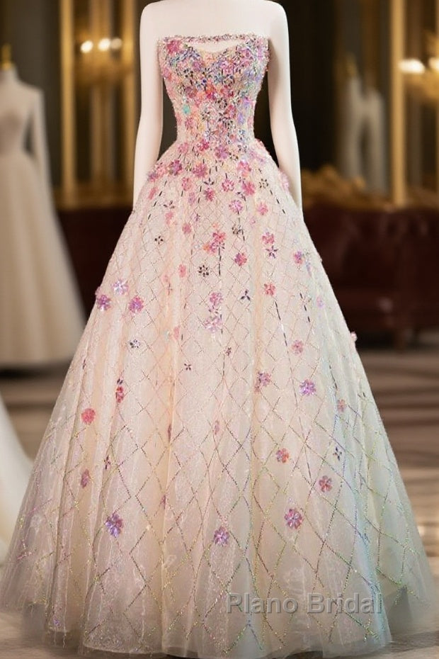 Beautiful Pink Beaded Flowers A-Line Strapless Long Formal Prom Dresses Gorgeous Formal Evening Dresses