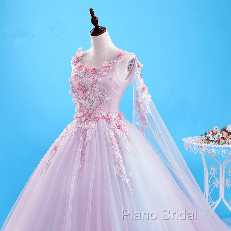 Beautiful Pink Flowers Long Formal Dresses, Pink Sweet 16 Gown Party Dresses
