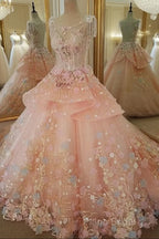 Beautiful Pink Flowers Round Neckline Sweet 16 Dresses, Pink Quinceanera Dresses