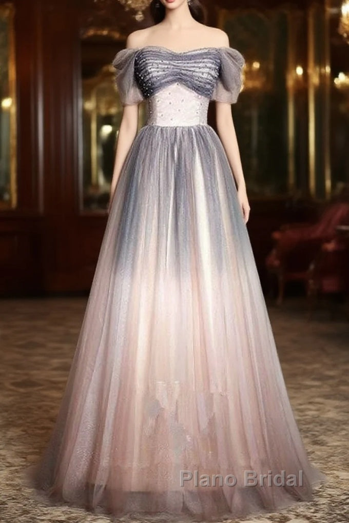 Beautiful Pink Gradient Beaded Sweetheart Long Formal Prom Dresses, Tulle Evening Dresses Main image
