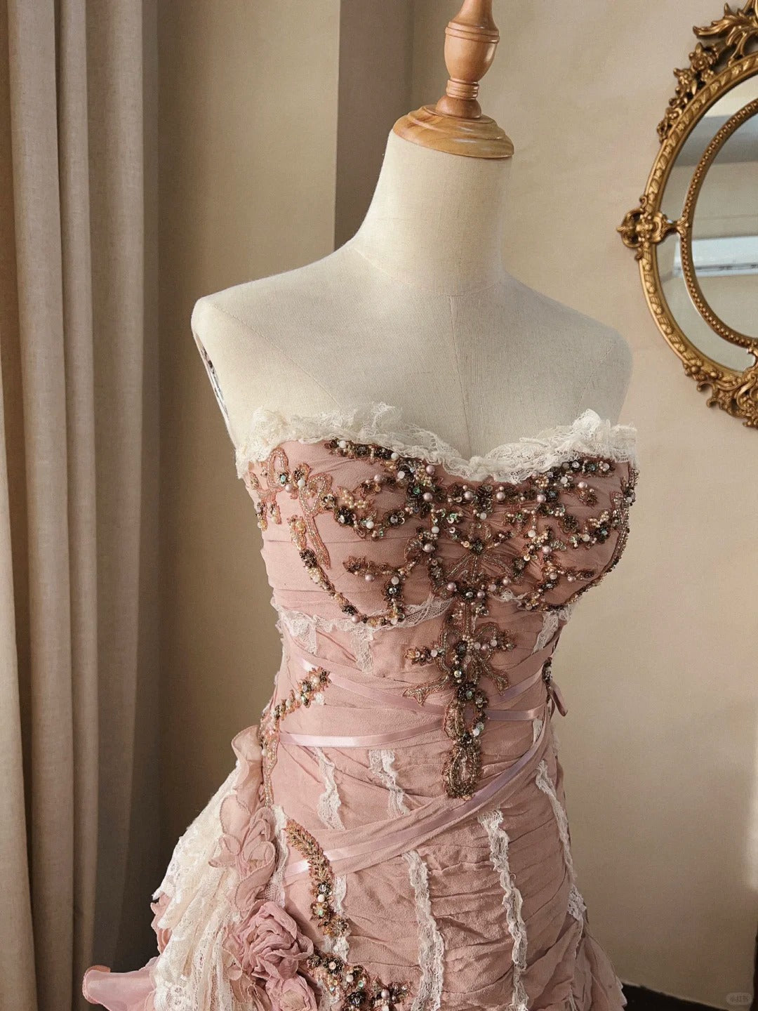 Beautiful Pink Rose Slim Skirt Pleated French Lace Mermaid Wedding Dresses Secondary image