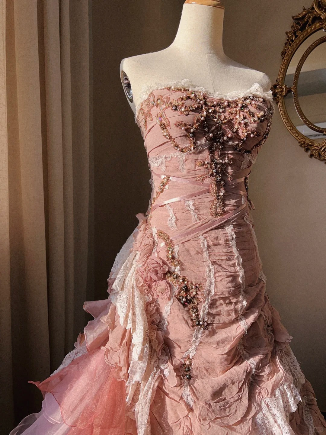 Beautiful Pink Rose Slim Skirt Pleated French Lace Mermaid Wedding Dresses