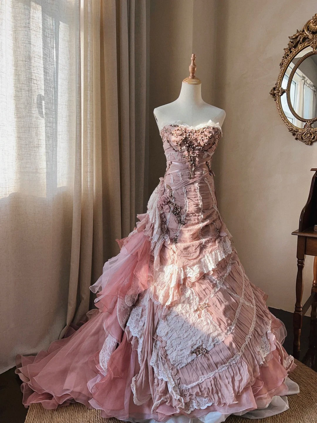 Beautiful Pink Rose Slim Skirt Pleated French Lace Mermaid Wedding Dresses Main image