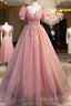 Beautiful Pink Tulle Floor Length Formal Prom Dresses, Cute Short Sleeve Formal Dresses