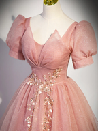 Beautiful Pink Tulle Floor Length Prom Dress with Short Sleeve