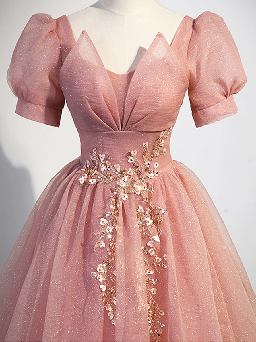 Beautiful Pink Tulle Floor Length Prom Dress with Short Sleeve