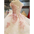 Beautiful Pink Tulle With Flowers And Beaded Long Party Dresses, Pink Sweet 16 Gown