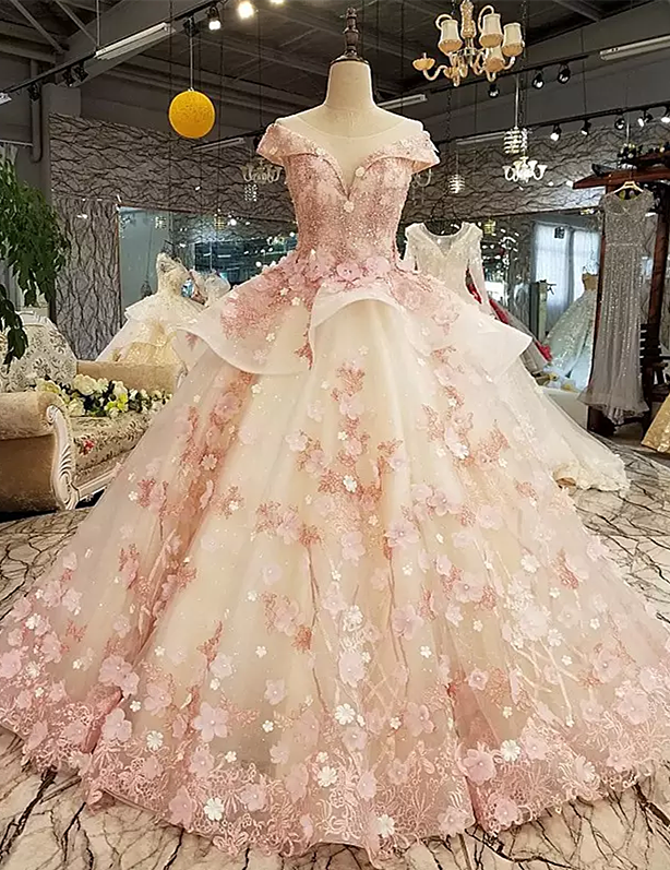 Beautiful Pink Tulle With Flowers And Beaded Long Party Dresses, Pink Sweet 16 Gown Main image