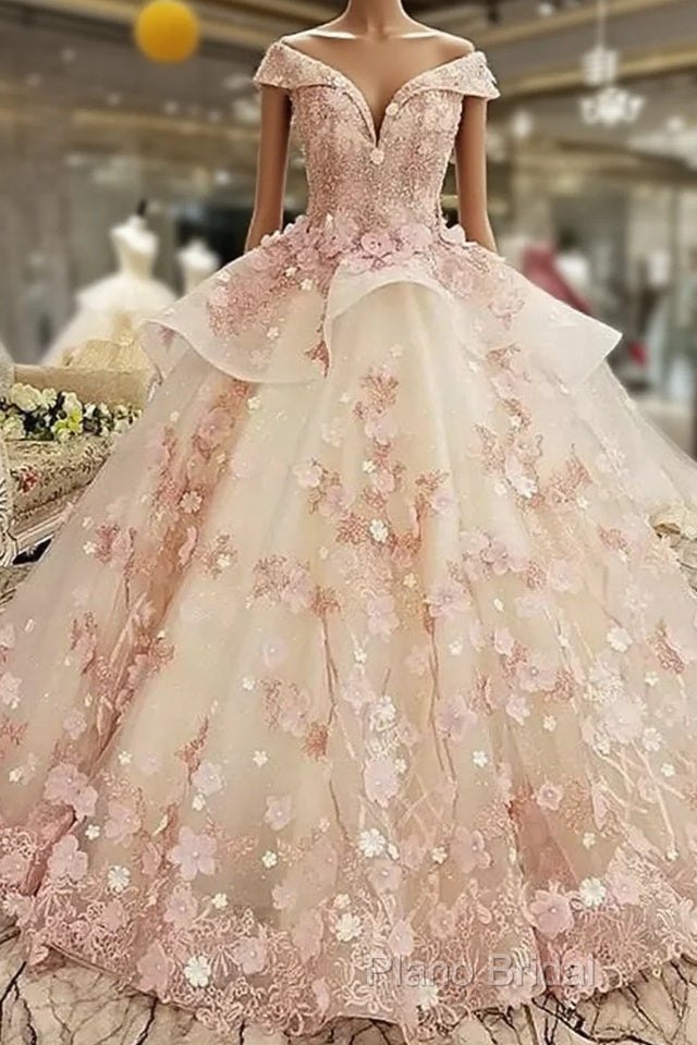 Beautiful Pink Tulle With Flowers And Beaded Long Party Dresses, Pink Sweet 16 Gown Main image