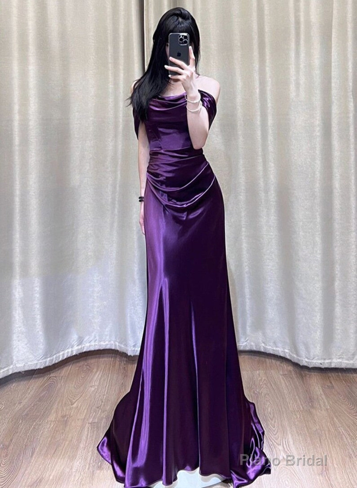 Beautiful Purple Satin Mermaid Off Shoulder Prom Dress, Purple Satin Evening Dress Main image