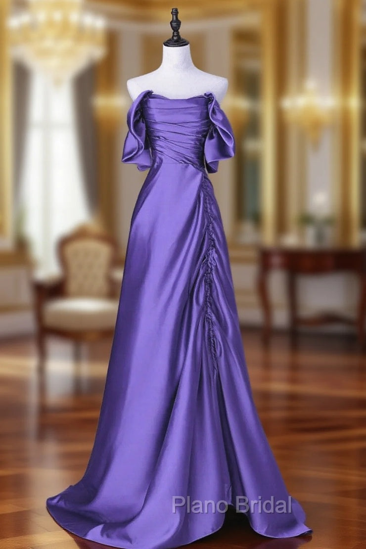 Beautiful Purple Satin Off Shoulder Formal Dresses, Purple Satin Evening Dresses Formal Prom Dresses Main image