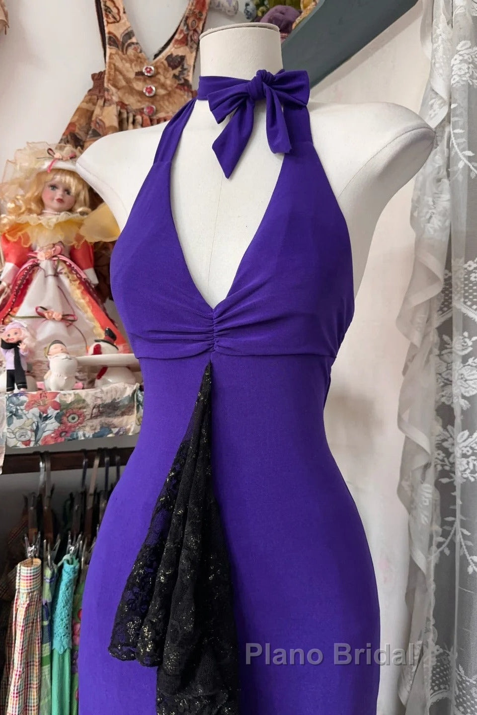 Beautiful Purple V-Neck Lace Mermaid Long Formal Prom Dresses Backless Birthday Party Dresses Secondary image