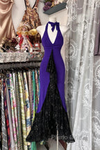 Beautiful Purple V-Neck Lace Mermaid Long Formal Prom Dresses Backless Birthday Party Dresses