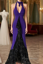Beautiful Purple V-Neck Lace Mermaid Long Formal Prom Dresses Backless Birthday Party Dresses