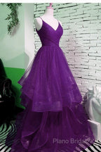 Beautiful Purple V-Neckline Straps Layers Tulle Party Gown, Purple Formal Dresses