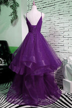 Beautiful Purple V-Neckline Straps Layers Tulle Party Gown, Purple Formal Dresses