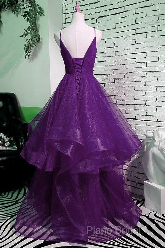 Beautiful Purple V-Neckline Straps Layers Tulle Party Gown, Purple Formal Dresses