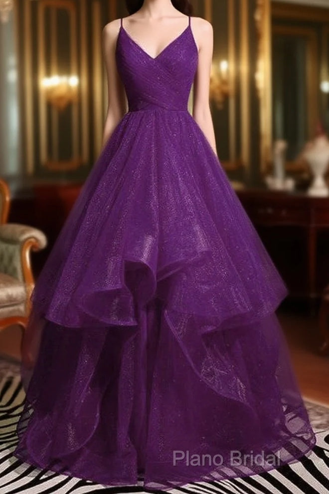 Beautiful Purple V-Neckline Straps Layers Tulle Party Gown, Purple Formal Dresses Main image
