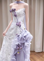 Beautiful Purple-White Gradient Strapless 3D Floral Tulle Satin Long Formal Prom Dresses