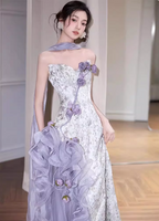Beautiful Purple-White Gradient Strapless 3D Floral Tulle Satin Long Formal Prom Dresses