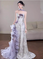 Beautiful Purple-White Gradient Strapless 3D Floral Tulle Satin Long Formal Prom Dresses