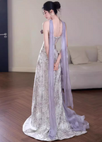 Beautiful Purple-White Gradient Strapless 3D Floral Tulle Satin Long Formal Prom Dresses
