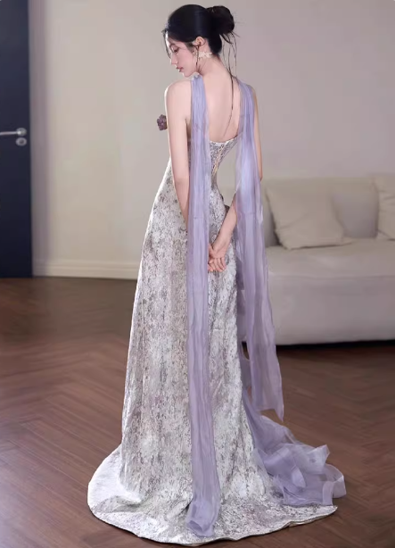 Beautiful Purple-White Gradient Strapless 3D Floral Tulle Satin Long Formal Prom Dresses