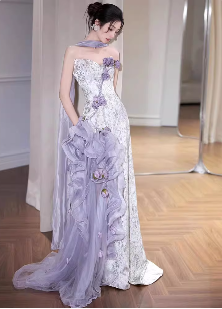 Beautiful Purple-White Gradient Strapless 3D Floral Tulle Satin Long Formal Prom Dresses