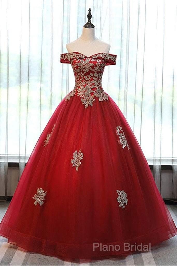 Beautiful Red Off Shoulder Long Sweet 16 Dresses With Gold Lace Top, Party Dresses
