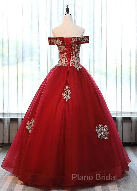 Beautiful Red Off Shoulder Long Sweet 16 Dresses With Gold Lace Top, Party Dresses