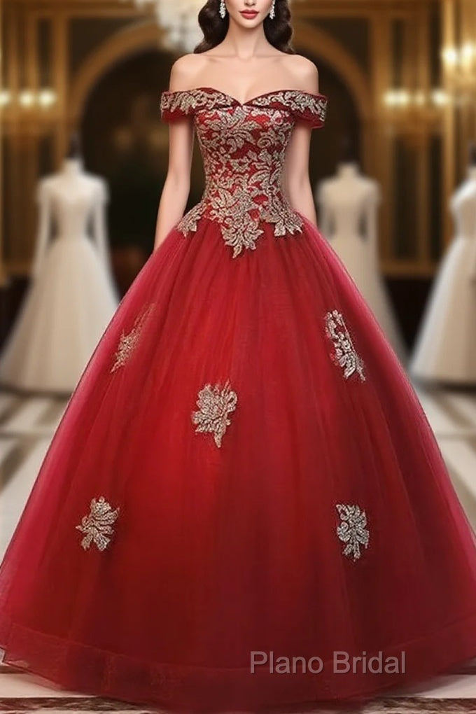 Beautiful Red Off Shoulder Long Sweet 16 Dresses With Gold Lace Top, Party Dresses Main image