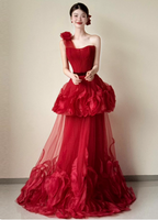 Beautiful Red One-Shoulder Strapless 3D Floral Layered Tiered Tulle Long Formal Prom Dresses