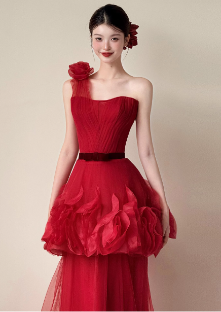Beautiful Red One-Shoulder Strapless 3D Floral Layered Tiered Tulle Long Formal Prom Dresses
