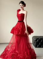 Beautiful Red One-Shoulder Strapless 3D Floral Layered Tiered Tulle Long Formal Prom Dresses