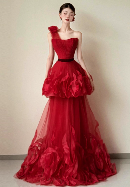 Beautiful Red One-Shoulder Strapless 3D Floral Layered Tiered Tulle Long Formal Prom Dresses Main image