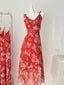 Beautiful Red Printed A-Line V-Neck Bow-Strap Chiffon Long Formal Prom Dresses