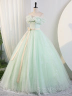 Beautiful Sage Green Tulle Floor Length Formal Prom Dresses, A-Line Off The Shoulder Formal Part Dresses