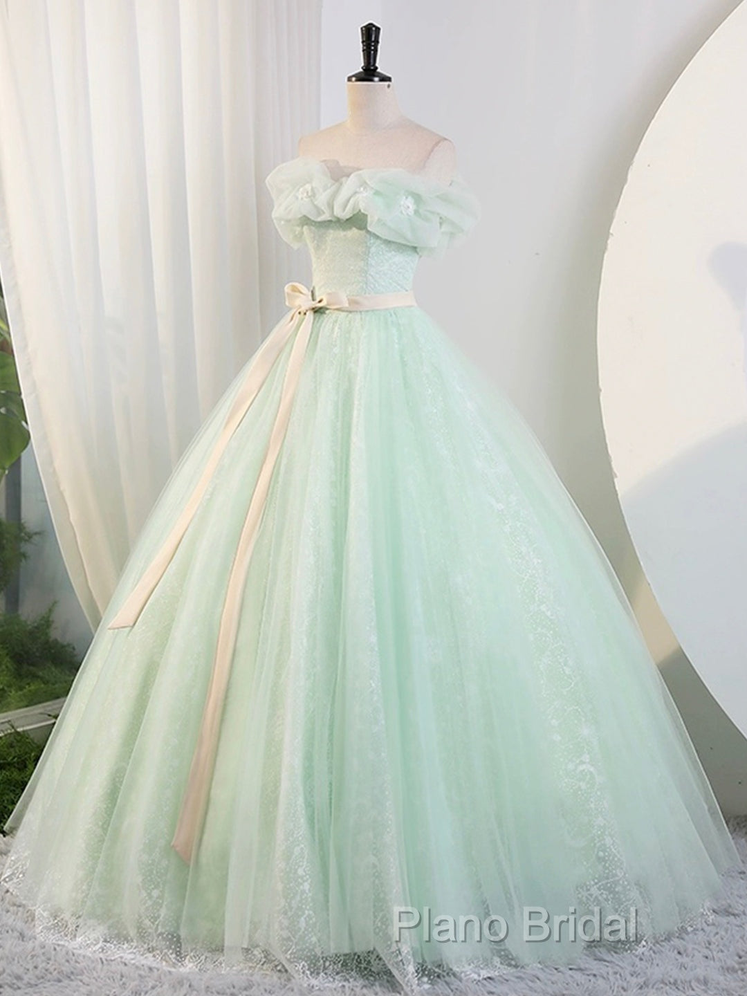 Beautiful Sage Green Tulle Floor Length Formal Prom Dresses, A-Line Off The Shoulder Formal Part Dresses