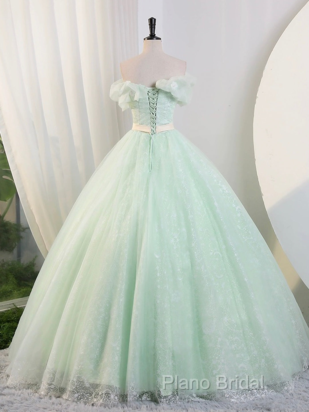 Beautiful Sage Green Tulle Floor Length Formal Prom Dresses, A-Line Off The Shoulder Formal Part Dresses