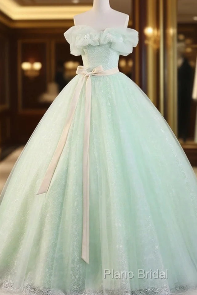 Beautiful Sage Green Tulle Floor Length Formal Prom Dresses, A-Line Off The Shoulder Formal Part Dresses
