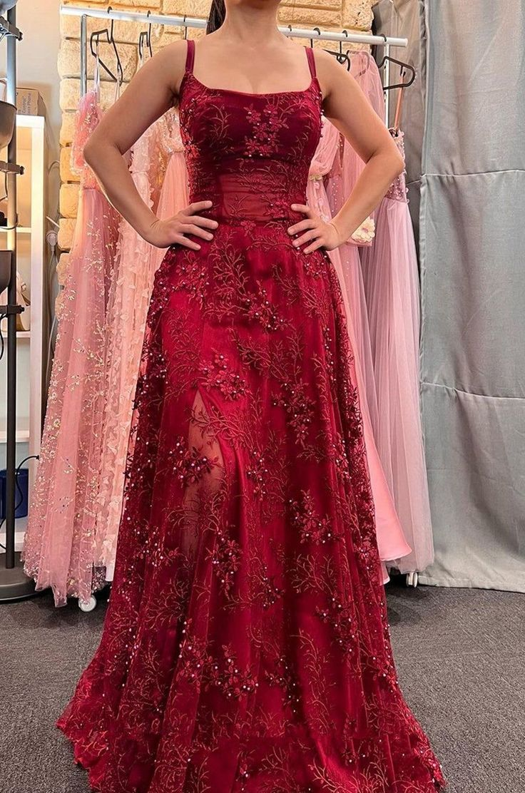 Beautiful Satin Spaghetti Straps Lace Appliques Formal Prom Dresses Formal Evening Dresses Secondary image