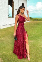 Beautiful Sheath One Shoulder Lace Long Formal Prom Dresses Formal Evening Dresses
