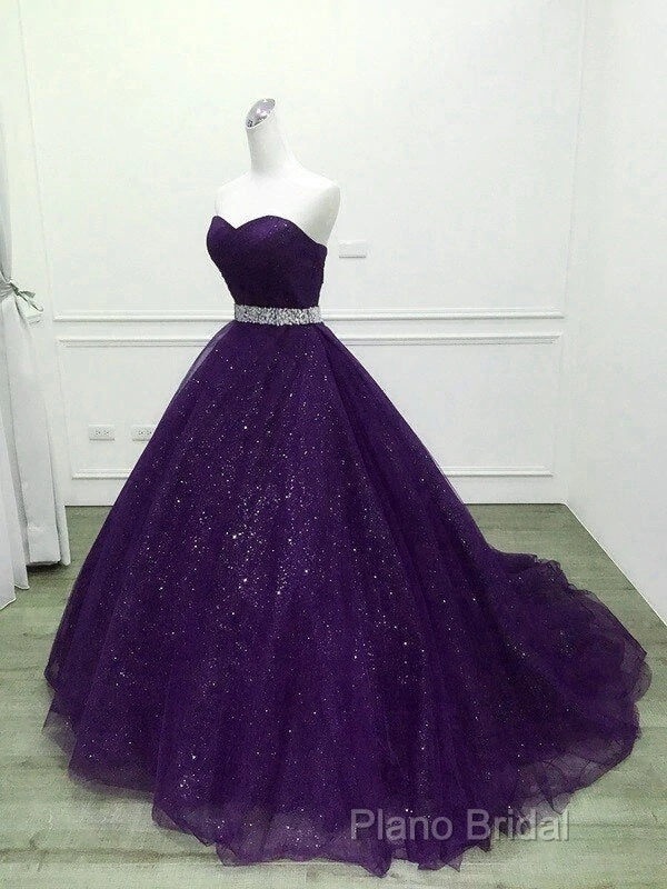Beautiful Shiny Purple Tulle Beaded Ball Gonw Party Dresses, Purple Formal Prom Dresses