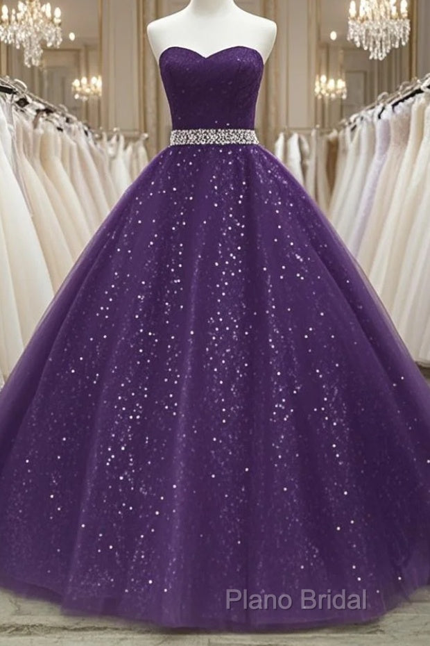 Beautiful Shiny Purple Tulle Beaded Ball Gonw Party Dresses, Purple Formal Prom Dresses