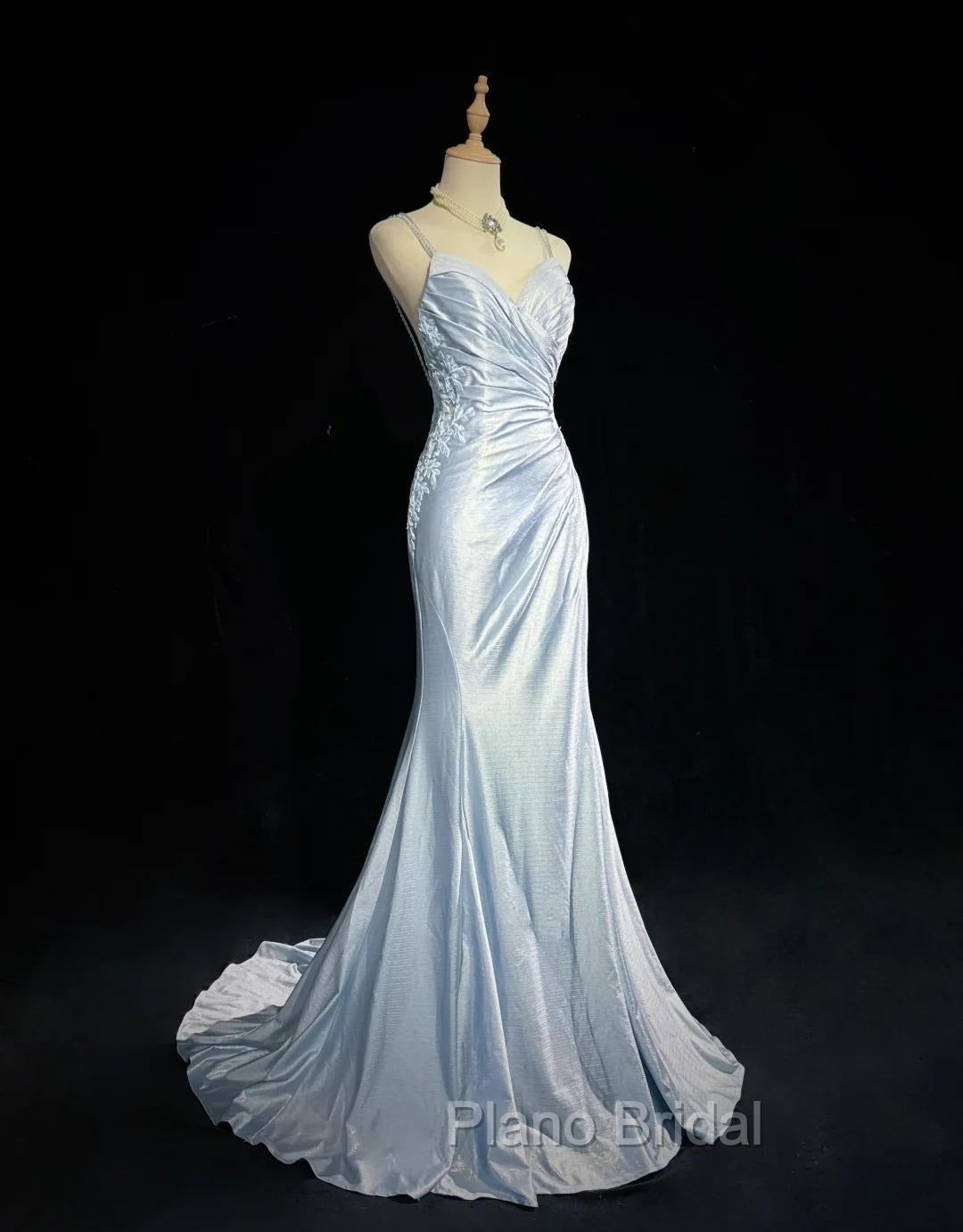 Beautiful Spaghetti Strap Mermaid Glitter Satin Long Formal Prom Backless Applique Evening Gown Simple Wedding Dresses